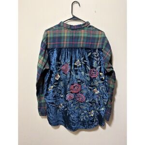April Cornell Highland Plaid Blouse Vintage Forest Velvet Embroidered Boho  XL